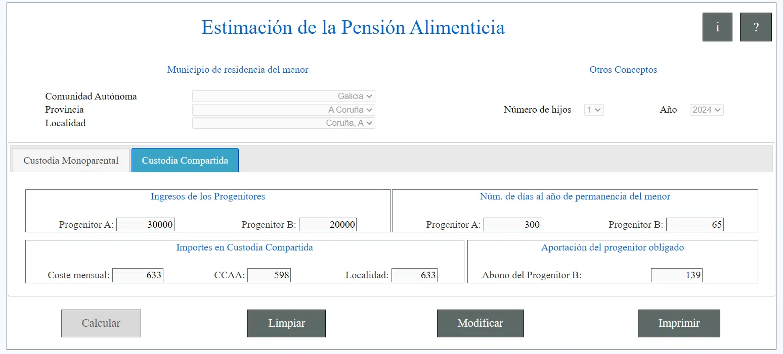 Ejemplo para calcular la pensión alimenticia con custodia compartida si progenitor A comparte la mayoría de los días del año con el menor