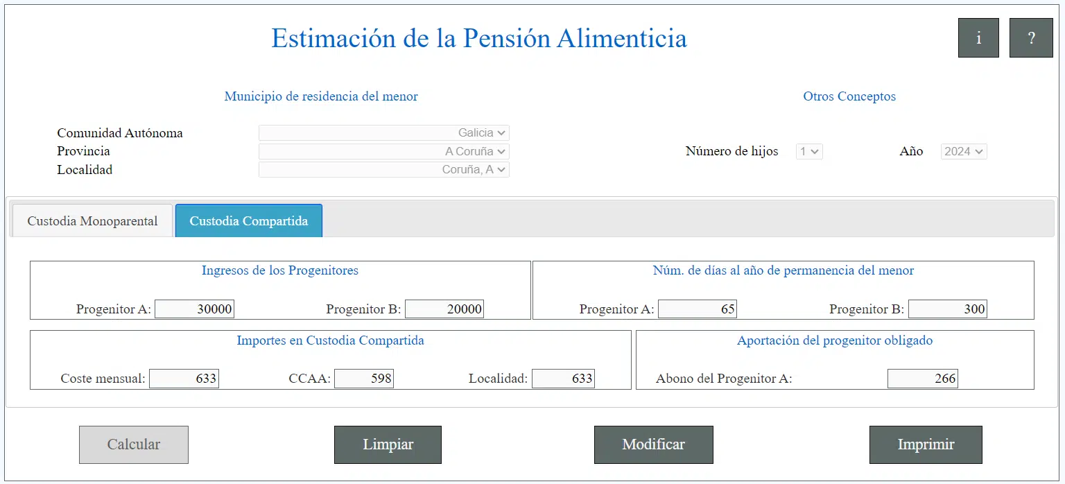 Ejemplo para calcular la pensión alimenticia con custodia compartida si progenitor B comparte la mayoría de los días del año con el menor