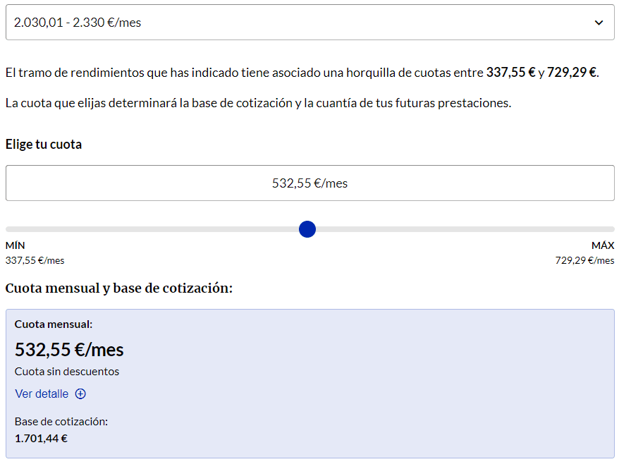 Ejemplo de ingresos de 2.000 euros en la cuota de autónomos en 2024, con cuota media aproximada