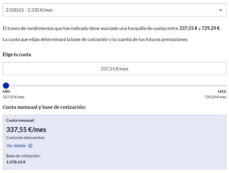 Ejemplo de ingresos de 2.000 euros en la cuota de autónomos en 2024, con cuota mínima