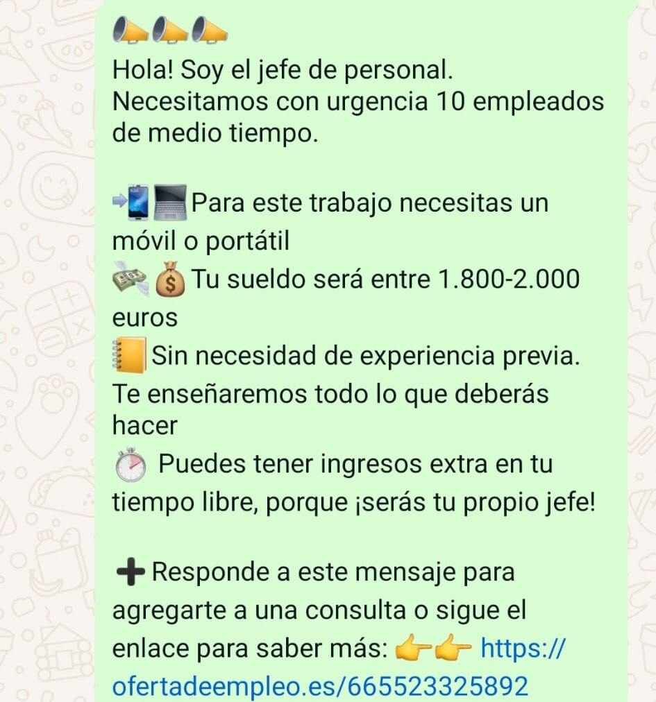 Ejemplo de oferta de empleo falsa en WhatsApp 2024