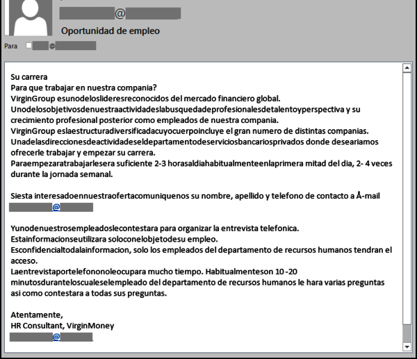 Ejemplo de oferta de empleo falsa en correo electronico