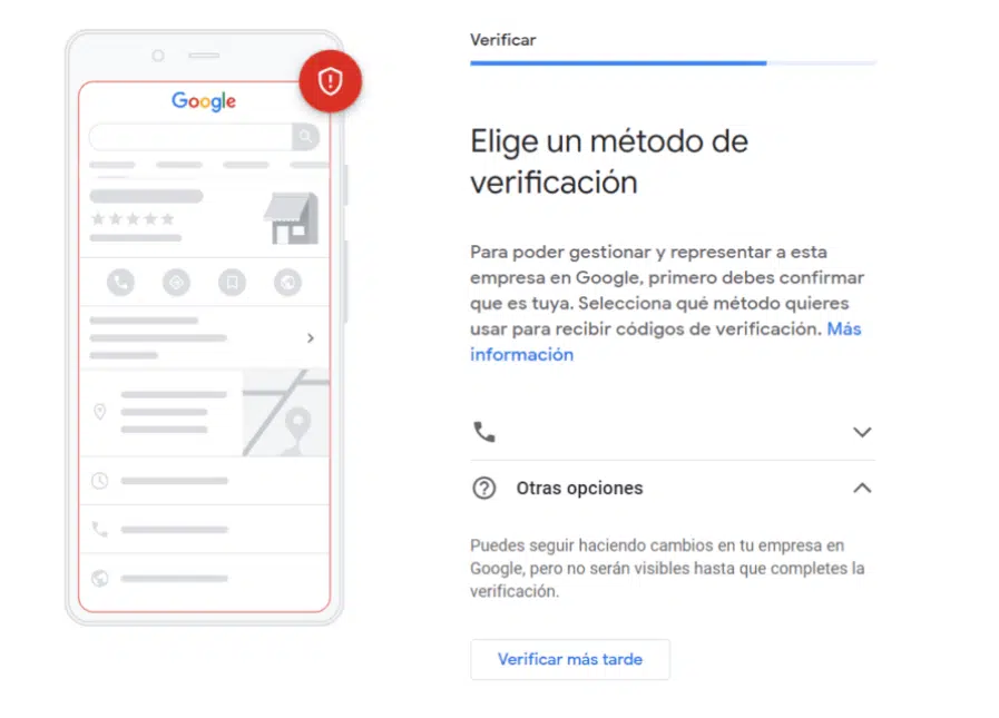 Elige un método de verificación en la ficha Google Business Profile