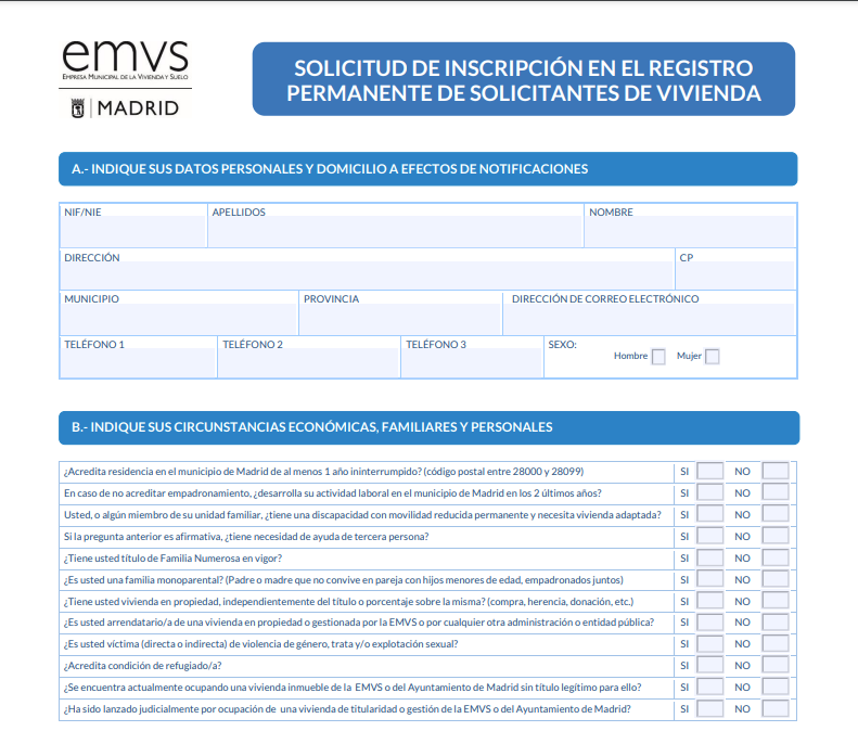 Solicitud de inscripción en el registro permanente de solicitantes de vivienda, para solicitar los alquileres asequibles