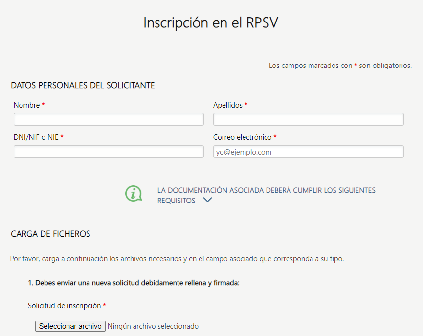 Formulario de inscripción en el RPSV para solicitar un alquiler accesible