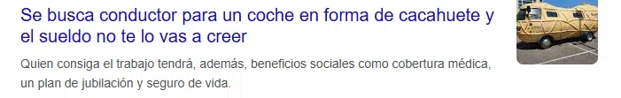 Titular clickbait ejemplo de un coche en forma de cacahuete y sueldo que no te vas a creer